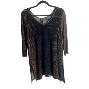 Clara Sun Woo Size Medium Striped Tunic Top Blouse Blue Brown V Neck Artsy Shirt